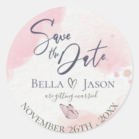 Sticker Rond Aquarelle Rose Papillon Mariage Enregistrer La Dat (Devant)