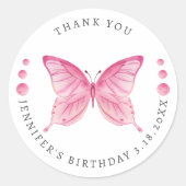 Sticker Rond Aquarelle rose papillon Merci d'anniversaire (Devant)