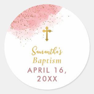 Sticker Rond Aquarelle rose Parties scintillant Gold Cross Bapt