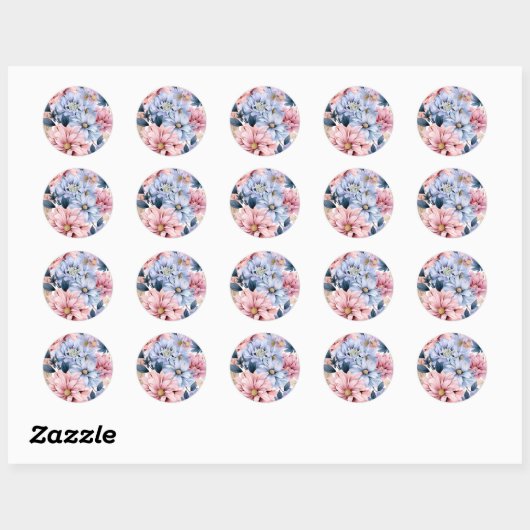 Sticker Rond Aquarelle rose pastel et fleurs bleues (Feuille)