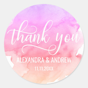 Sticker Rond Aquarelle rose Peach violet Mariage Merci