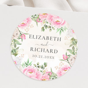 Sticker Rond Aquarelle rose Pierre florale Mariage élégant