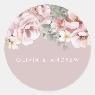 Sticker Rond Aquarelle rose poussiéreuse Mariage floral