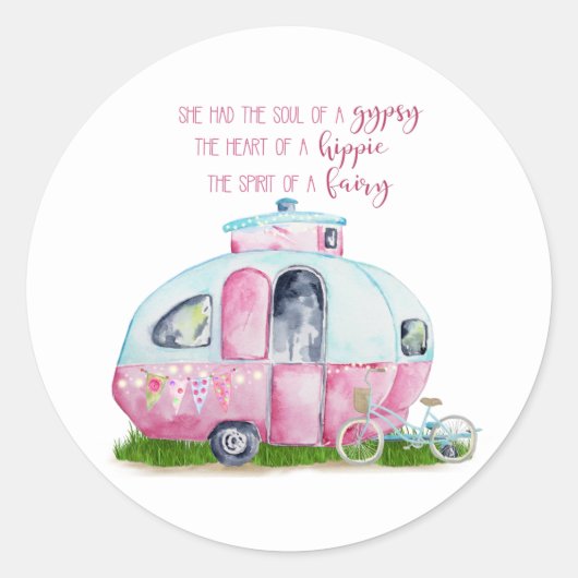 Sticker Rond Aquarelle rose Retro Vintage Camper Glamper (Devant)