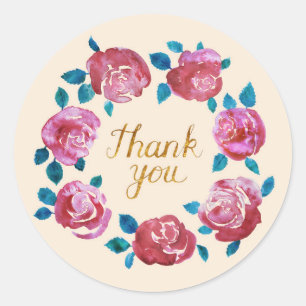 Sticker Rond Aquarelle rose roses lettres or Merci
