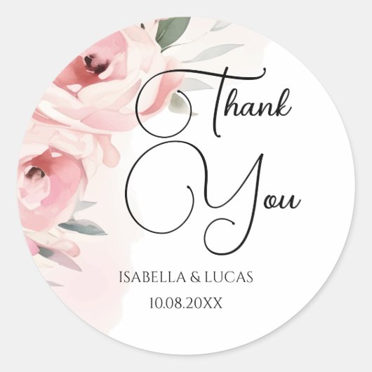 Sticker Rond Aquarelle rose Roses Mariage Merci (Devant)