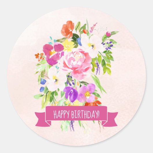 Sticker Rond Aquarelle rose rustique Floral Joyeux anniversaire (Devant)