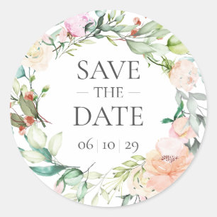 Sticker Rond Aquarelle Rose sauvage Garland Enregistrer la date