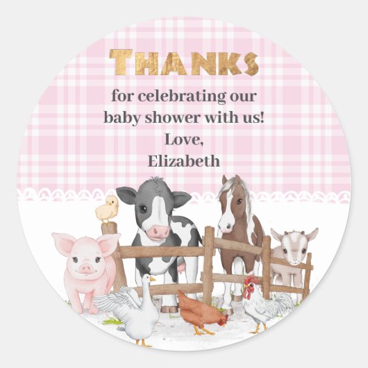 Sticker Rond Aquarelle rose Sur Le Baby shower Des Animaux De F (Devant)