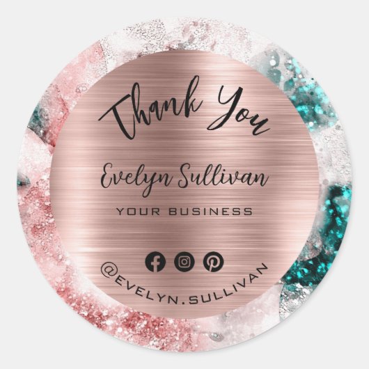 Sticker Rond Aquarelle rose Turquoise Merci élégant (Devant)