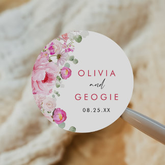 Sticker Rond Aquarelle rose vif Mariage de pivoine florale