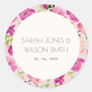 Sticker Rond Aquarelle rose vif rétro Mariage floral