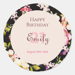 Sticker Rond Aquarelle Roses rose et jaune sur Noir, Anniversai