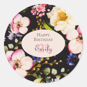 Sticker Rond Aquarelle Roses rose et jaune sur Noir, Anniversai