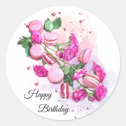 Sticker Rond Aquarelle Roses roses et Macarons français Anniver (Devant)
