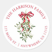 Sticker Rond Aquarelle Rouge Bow Mistletoe Adresse de Noël (Devant)