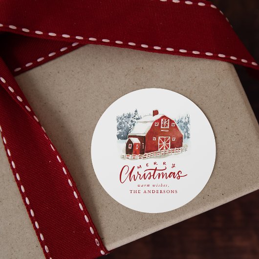 Sticker Rond Aquarelle Rouge Grange Joyeux Noël