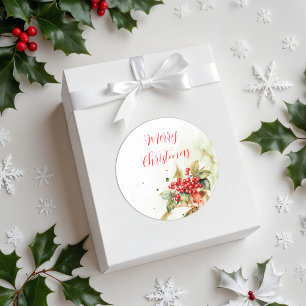 Sticker Rond Aquarelle Rouge Poinsettia Joyeux Noël