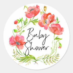 Sticker Rond Aquarelle Rouge Poppies Baby shower de couronne