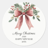 Sticker Rond Aquarelle Rouge Ruban Bow Holly Simple Noël (Devant)
