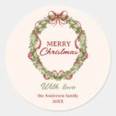 Sticker Rond Aquarelle Rouge Vert Bow Wreath Joyeux Noël (Devant)