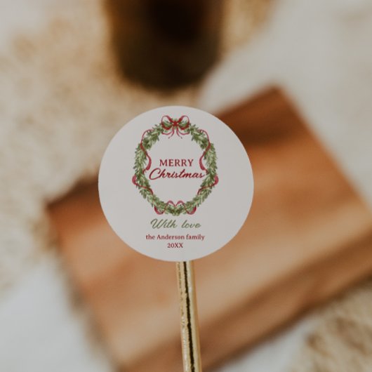 Sticker Rond Aquarelle Rouge Vert Bow Wreath Joyeux Noël