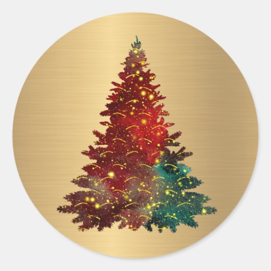 Sticker Rond Aquarelle rouge vert tendance Arbre d'or Noël (Devant)