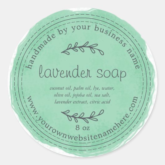 Sticker Rond Aquarelle Rustique à la main Lavande Vert (Devant)
