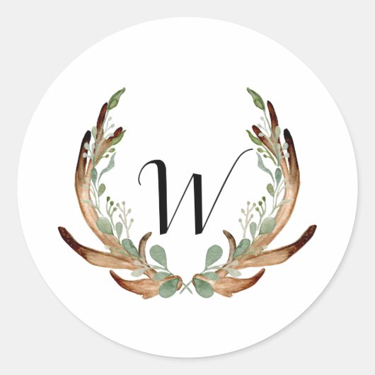 Sticker Rond Aquarelle Rustique Antler | Mariage simple (Devant)