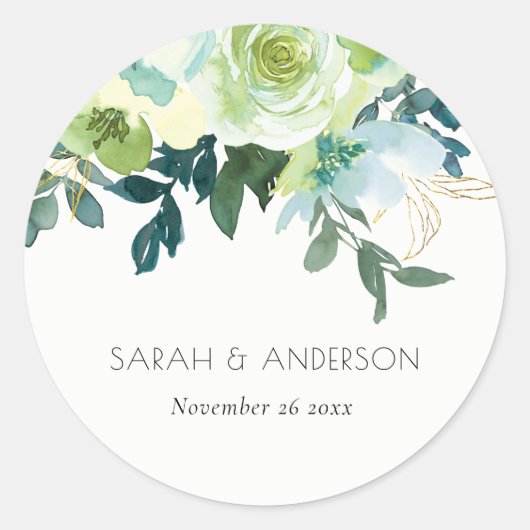 Sticker Rond Aquarelle rustique bleu vert Floral Mariage (Devant)