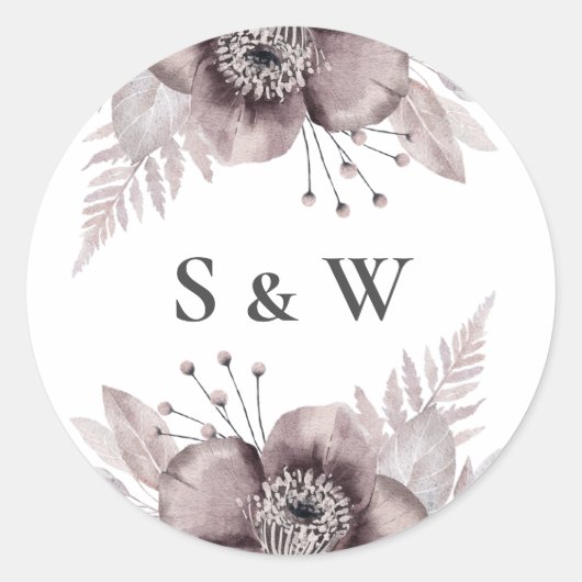 Sticker Rond Aquarelle rustique Mauve Floral Mariage (Devant)