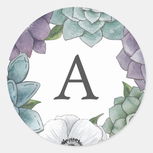 Sticker Rond Aquarelle rustique Succulents floraux Monogramme (Devant)