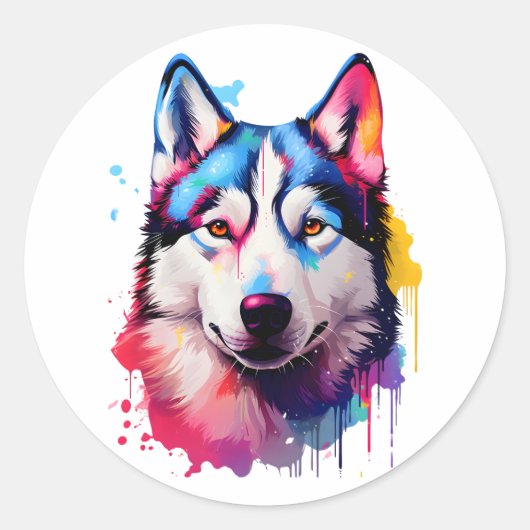 Sticker Rond Aquarelle Sibérienne Husky Art coloré (Devant)