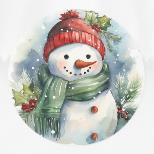 Sticker Rond Aquarelle Snowman Jolie Noël