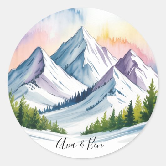 Sticker Rond Aquarelle Snowy Mountain Mariage paysage (Devant)