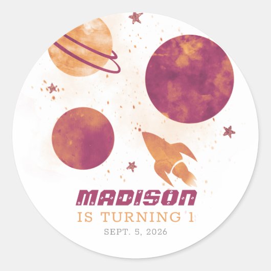 Sticker Rond Aquarelle spatiale Planète fille 1er anniversaire (Devant)