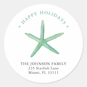 Sticker Rond Aquarelle Starfish Happy Holiday Adresse