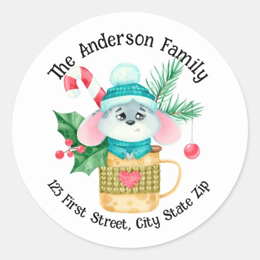 Sticker Rond Aquarelle Sucre de canne de la souris de Noël (Devant)