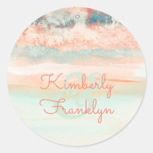 Sticker Rond Aquarelle Swash Pink Sea Blue Mariage
