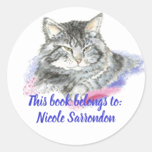 Sticker Rond Aquarelle Tabouret Plaque de livre de chat
