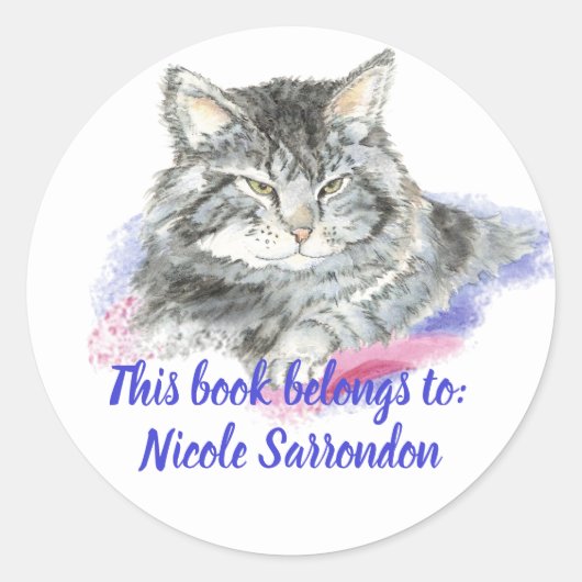 Sticker Rond Aquarelle Tabouret Plaque de livre de chat (Devant)