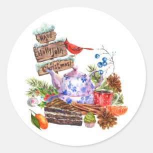 Sticker Rond Aquarelle Thé de Noël et heure du gâteau