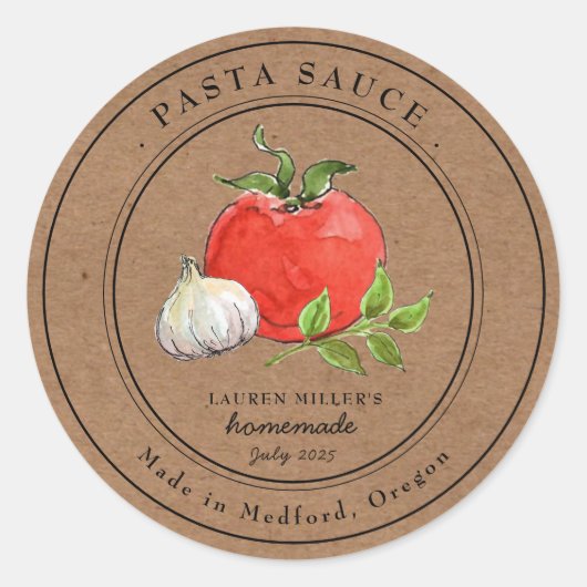 Sticker Rond Aquarelle Tomate ail sauce pasta papier Kraft (Devant)