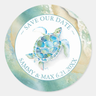 Sticker Rond Aquarelle Tortue de mer et enveloppe de plage