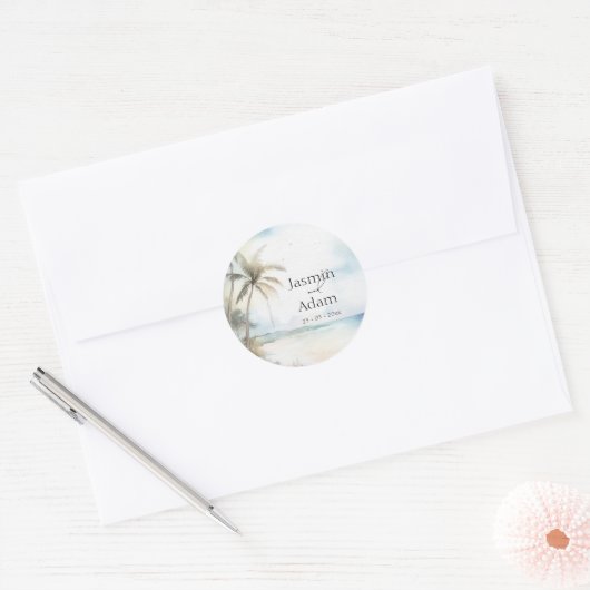 Sticker Rond Aquarelle Tropical Beach Palm Trees Mariage (Enveloppe)