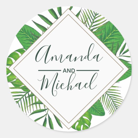 Sticker Rond Aquarelle Tropical Feuilles Beach Mariage (Devant)