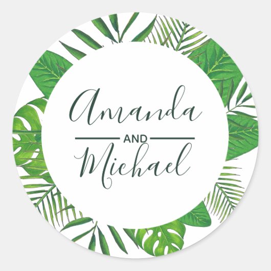 Sticker Rond Aquarelle Tropical Feuilles Beach Mariage (Devant)