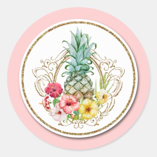 Sticker Rond Aquarelle Tropicale Ananas & Hibiscus Fleurs (Devant)