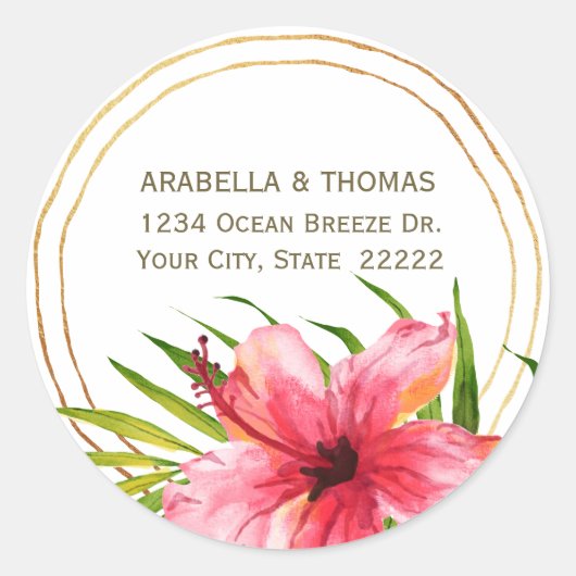 Sticker Rond Aquarelle tropicale Hibiscus Flower Return Adresse (Devant)