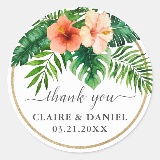 Sticker Rond Aquarelle tropicale Merci Mariage botanique (Devant)